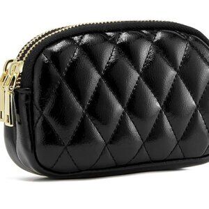 Quilted Leather Bag Charm Coin Purse Key Ring in Black, NEW